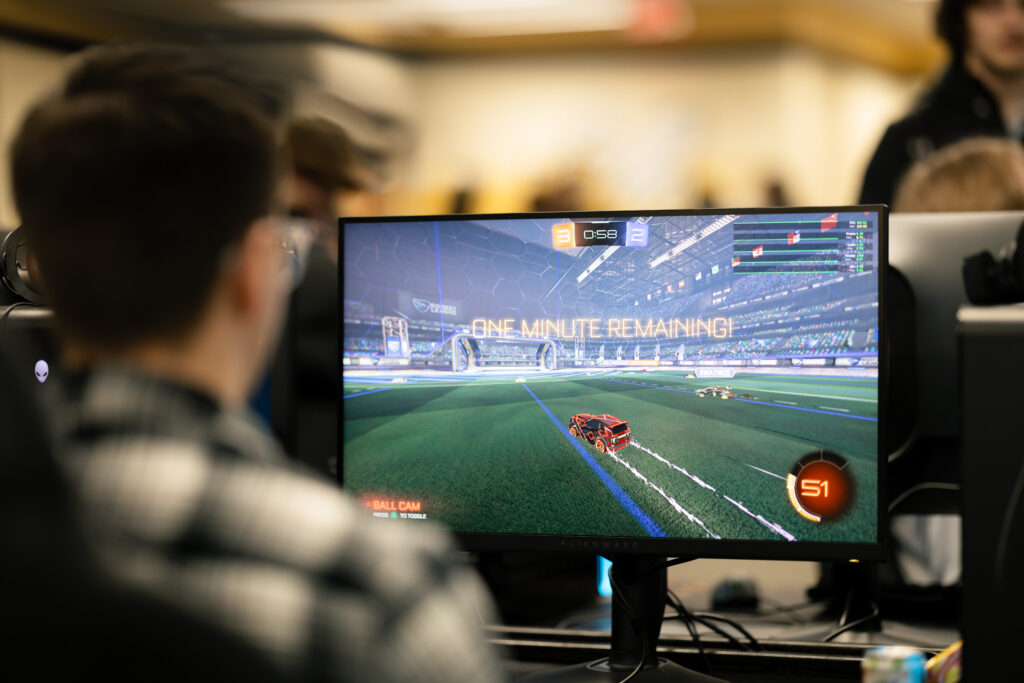 ESportLabPresser_Edits_-92 (1) Student playing rocket league in the UW-Superior esports computer lab.