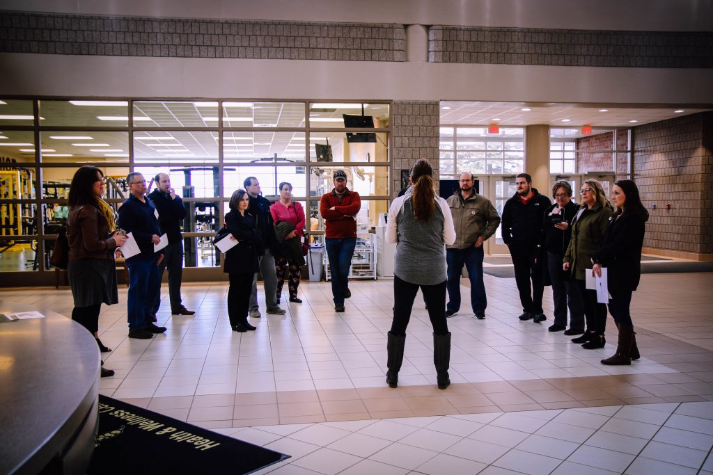 Leadership meeting outside gym